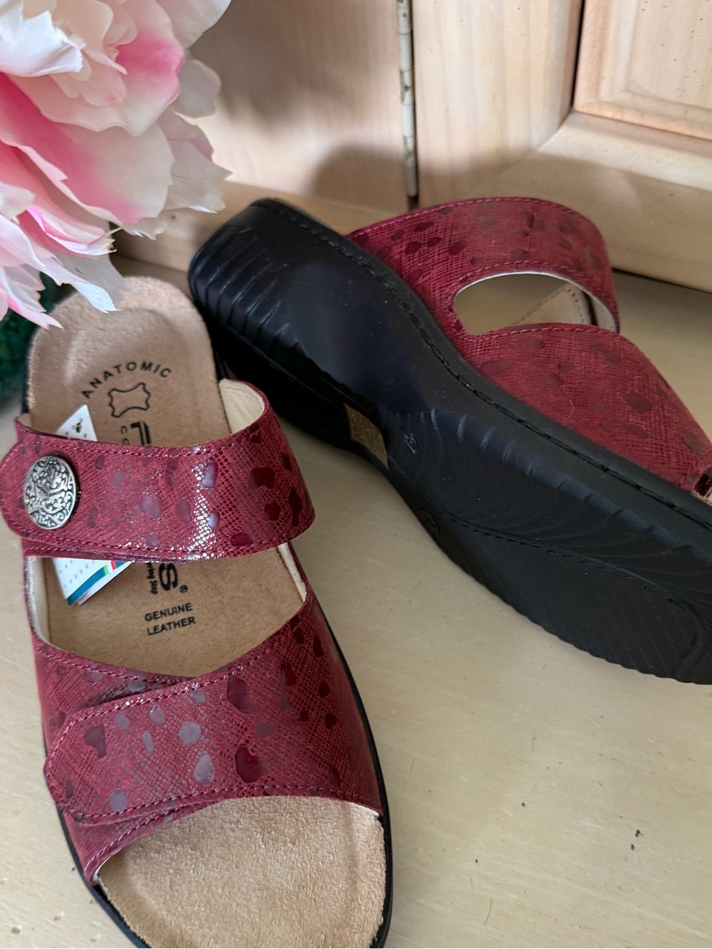 Genuine Leather Burgundy Slide Mules with Adjustable Strap